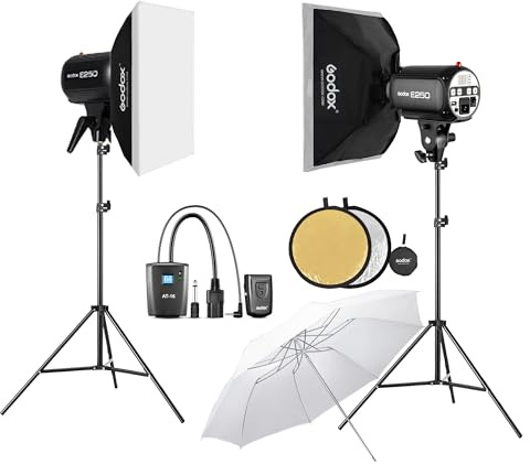 Godox E250 Kit di illuminazione stroboscopica Softbox, kit di luci stroboscopiche professionali per fotografia, 2 x 250 W 5600 K ± 200 monolight compatti con trigger flash, softbox 50 cm x 70 cm