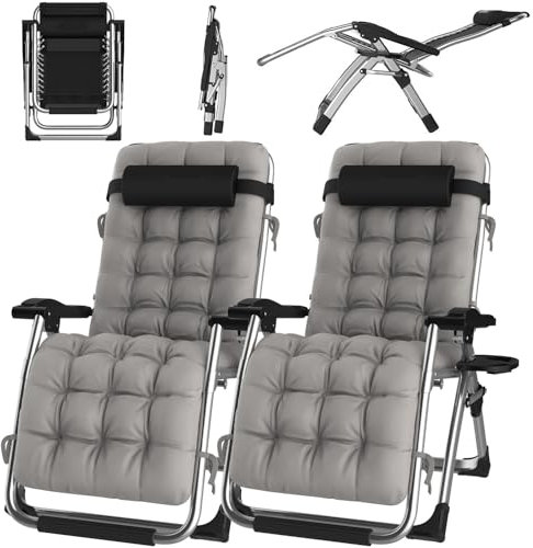 ONKBOITE 2er Set Sonnenliege klappbar Liegestuhl Gartenliege Keine Installation, mit Getränkehalter, Relaxliege mit Kissen, atmungsaktiv, für innen Gartenstuhl Campingstühle(Grau, 65cm)