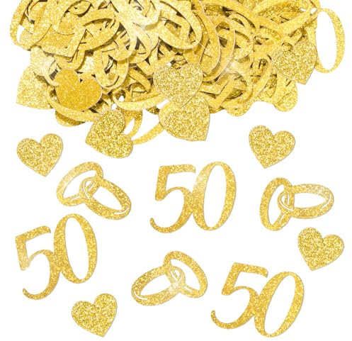 BETESSIN Tischdeko Goldene Hochzeit - 100 Stück Glitzer Konfetti mit 50, Ringe, Herz Motiven - Doppelseitige Streudeko für Goldene Hochzeit Deko, 50. Jubiläum & Hochzeitstag