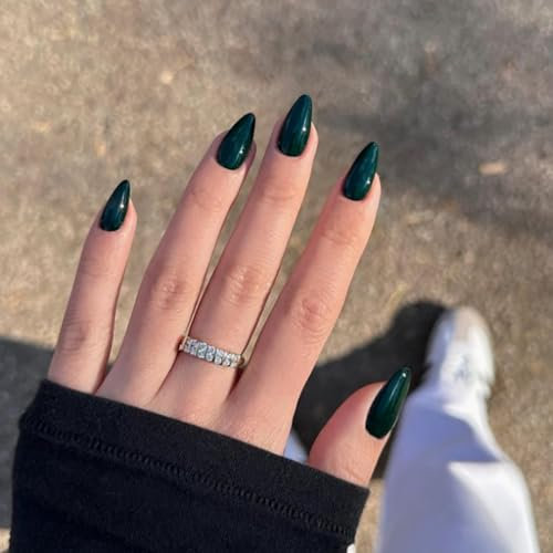 KQueenest 30 Stück Dunkel Grün Press On Nails Kurz Mandel - Acryl Nägel zum Aufkleben, Natürlich Einfarbig Fake Nails Fingernägel zum aufkleben, Glänzende Gel Full Cover Kunstnägel für Frauen