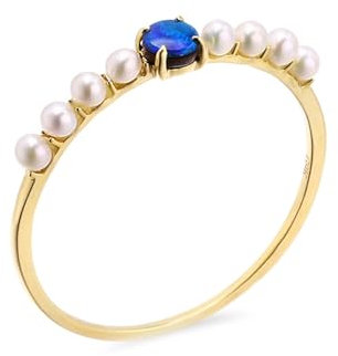 14K Gelbgold Ring Damen Gold mit Rund Opal und Perle, Größe 61 (19.4)