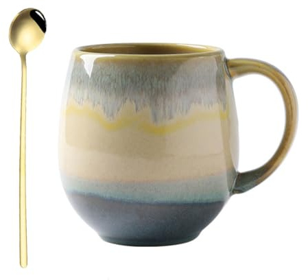 Cteahrow Grande tasse à café en porcelaine de 500 ml avec cuillère, tasse à cappuccino en grès, tasse à thé, convient au bureau et à la maison (Bleu)