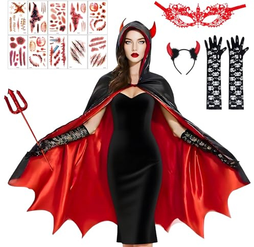 TISMHGKU Halloween Teufel Kostüm Damen, Halloween Kostüm Damen Vampir Umhang, Haarreif Teufelshörner, Teufelsgabel, Teufel kostüm Accessorie, für Karneval, Masquerade, Halloween, Cosplay