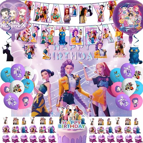 51 Stück Kop Coole Anime-Style Party Geburtstagsdeko Set, Banner, Hängende Charms, Hintergrundtuch, Runder Aluminiumfolienballon, Latexballons und Kuchentopper– Coole Partydeko für Kinder und Fans
