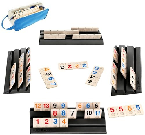 KINDLUME Rummy Set für Reisende, Klassisches Legespiel mit 114 Premium Steinen & 4 Halterungen, Kompaktes Gesellschaftsspiel für Erwachsene & Gruppenspiele, Familienspaß (Schwarz