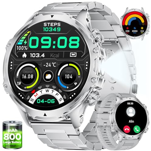 LIGE Reloj Inteligente Hombre Militar con Llamadas,800mAh Smartwatch Hombre con 1,85 HD/5ATM Impermeable/LED Linterna/110+ Modos Deportivos/SpO2 Pulsera Actividad Android iOS,FV15-E