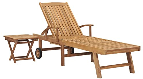 Nqyjm Sonnenbad mit Rückenlehne und verstellbarer Fußstütze mit Rollen, Liege mit Tisch, Massiv Teakholz, Strandliege, Relaxsessel für draußen, für Garten, Terrasse, Balkon, Camping