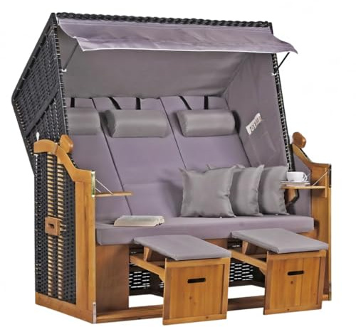 MR. DEKO Strandkorb XXL 3-Sitzer Ostsee inkl. Abdeckhaube + Rollen-Set | 160x80x160cm wetterfest