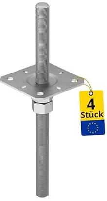 Pfostenträger höhenverstellbar 4er Set - Pfostenträger zum einbetonieren - Stützenfuß - Pfostenanker - Gewindestange M20 - Ankerplatte 100x100 mm - Stützen höhenverstellbar - Anker