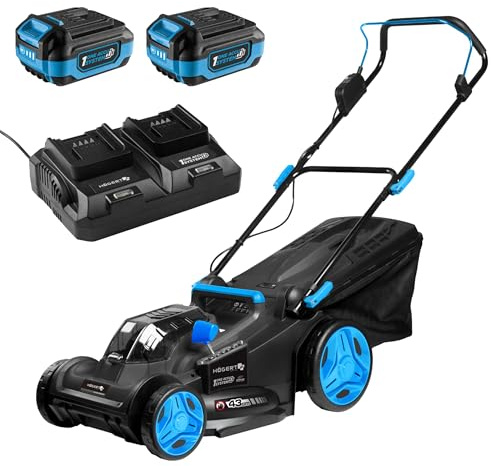 HÖGERT TECHNIK - Akku Rasenmäher Set 43 cm 2x18V bürstenloser Elektromäher mit 2X 4,0 Ah Akkus, Duo-Ladegerät und Grasfangkorb, kabelloser Gartenmäher Komplettset