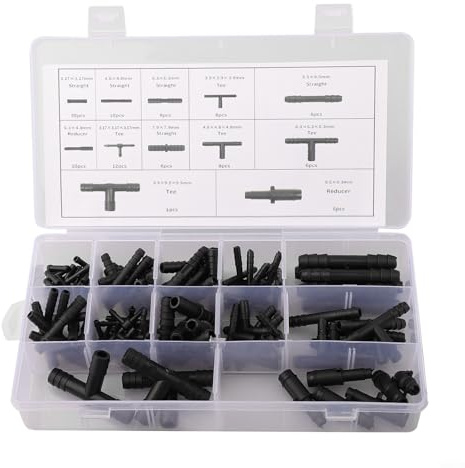 HEIBTENY 113Pcs Car Hose Connector Assortment Set with Reducer Straight T Piece Fittings Plastic Black Kit for Automotive Cooling Fuel Transmission Line Repair