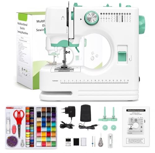 Mini Nähmaschine für Anfänger, Tragbare Elektrische Nähmaschine mit 12 Nähprogrammen, Automatisches Einfädeln, Doppelnadel, LED-Licht, Fußpedal, 58-teiliges Zubehör, Ideal für Kinder & Reparaturen