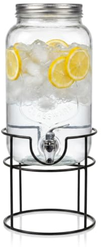 Dispenser in Vetro per Bevande 4L con Rubinetto Cromato, Lavabile in Lavastoviglie, Campeggio o Aperitivi, Ideale Per Bar, Cucina, Pub, Ristorante, Contenitore Distributore Acqua Con Supporto