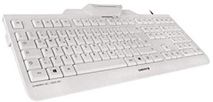 CHERRY KC 1000 SC, Kabelgebundene Security-Tastatur mit integriertem Kartenleser, Spanisches Layout (QWERTY), Plug & Play (USB-A), Flaches Design, Weiß-Grau