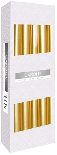 Bispol Tapered Metallic Candles, 10 Pcs - Unscented, Gold, 2.3 cm Diameter, 24.5/23 cm