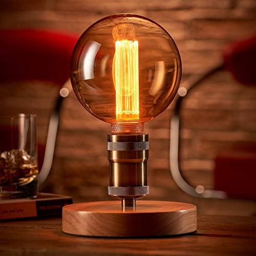 Auraglow Mysa Vintage Retro Wooden Round Base Brass Table, Desk or Bedside Lamp/Light - with G125 LED Bulb