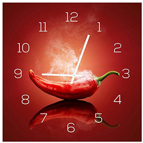 levandeo Wanduhr Alu-Dibond 30x30cm Uhr Alubild Küche Chili Peperoni Deko Küche Aluminium Verbundplatte Küchenuhr