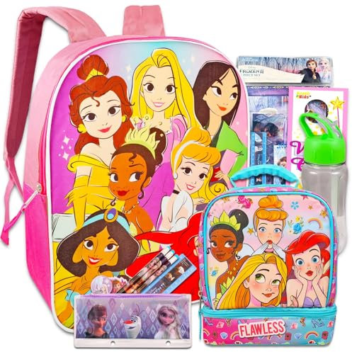 Disney Princess School Supplies Lot de 14 fournitures scolaires pour enfants ~ Sac à dos de luxe princesse Disney 40,6 cm, sac à déjeuner isotherme, bouteille d'eau, dossiers, carnet, crayons, et plus