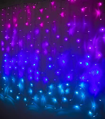 Pink Purple & Blue Ombre Fairy Curtain Lights With Dimmer Switch, Rainbow LED Icicle String for Girls Bedroom, Teen Room, Kids, Wedding, Mother's Day, Mermaid Décor