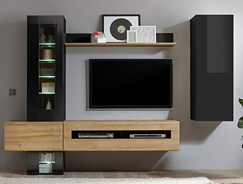 Wohnkombination Ruby I schwarz/Grandson Oak hell Dekor 280x200x38-48cm Wohnzimmermöbel Anbauwand TV-Wand TV-Element Wohnzimmerschrank Stauraum Größe ohne Beleuchtung