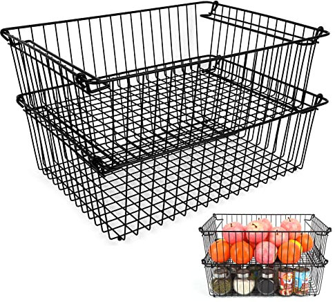 Stapelbare XXL-Drahtkörbe für Speisekammer, Aufbewahrung und Organisation, 40,6 x 30,5 cm, große Metall-Lebensmittelkörbe – Speisekammer-Aufbewahrungsbehälter mit Griffen, Schwarz, XXL, 2 Stück