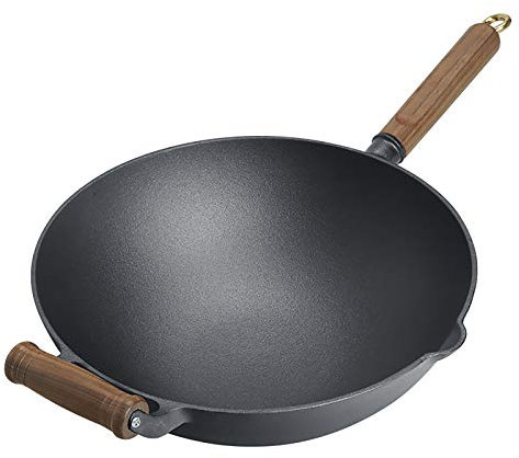 Wok 33cm, Wok de hierro Hecho a mano Wok Wok y mango de madera Wok Wok Cocina de cocina, resistente a los rasguños de fondo plano