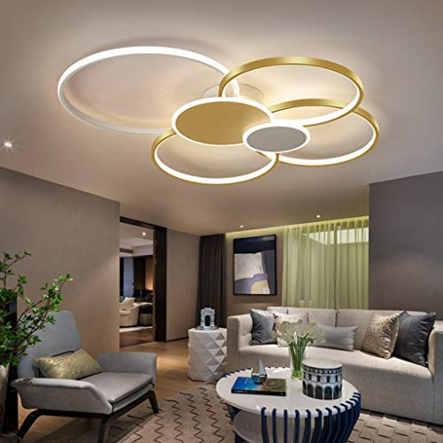 AHQX LED Deckenlampe Modern Deckenleuchte Wohnzimmer Deckenlicht Acryl Lampenschirm Einstellbar Lichtfarbe/Helligkeit Schlafzimmerlampe Restaurant Beleuchtung,Gold,ø100cm/93W…
