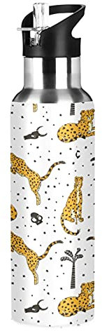 Vnurnrn Adorable Animal Léopard À Pois Bouteille d'eau Isotherme avec Paille en Acier Inoxydable Gourde 600ML, Sans Bpa Gourdes Eau pour Enfant Sport Randonnée École Bureau