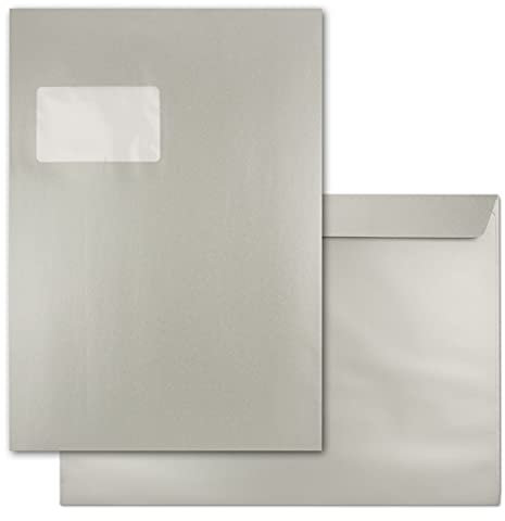 300x große XXL Briefumschläge DIN C4 in Silber Metallic - 22,9 x 32,4 cm - Haftklebung mit Fenster - Versandtasche für DIN A4 geeignet