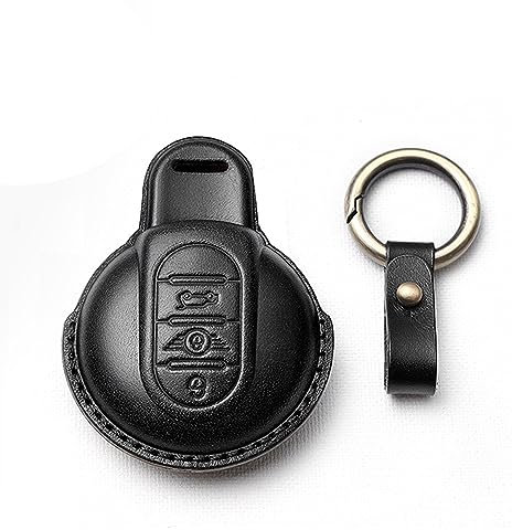 HIBEYO Smart Autoschlüssel Hülle Passt für BMW Mini Schutzhülle Schlüsselhülle für Mini Cooper One Clubman F56 F54 F55 F57 F60 Schlüsselbox Rindsleder Funkschlüssel Schlüsselbund 3 Tasten-Schwarz