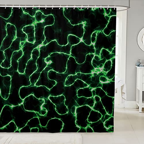 Lightning Shower Curtain for Kids - Green Energy Lines Glowing Cosmic Bathroom Shower Curtain with Hooks - Waterproof Cloth Fabric - 72x72 Inch