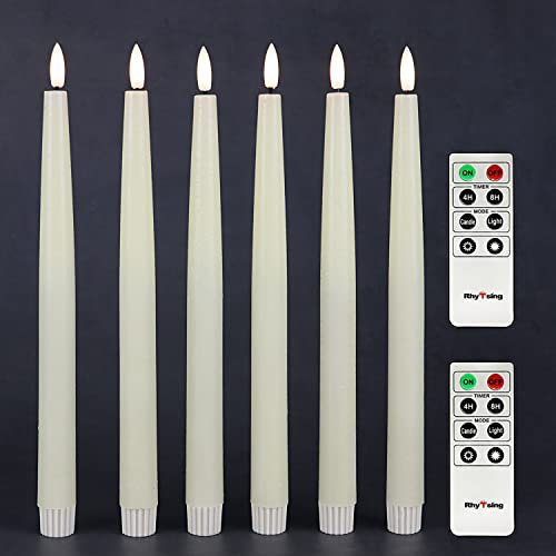 Rhytsing 29cm Flameless Taper Candles with Timer, Battery Operated Dinner Table Long Candlestick Rustic Wax, Warm White LED, 2 Remotes Included - Set of 6 (Ivory)