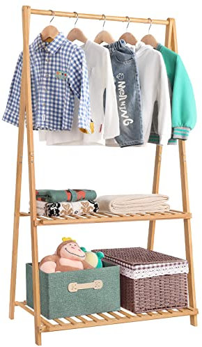 Jotsport Kleiner Kleiderständer für Kinder, Aufbewahrung für Spielzimmer, Kleinkinderzimmer, Bambus-Kinder-Kleiderständer mit 2 Etagen, Aufbewahrungsregal für Kinder, Kleiderständer Kleiderstange