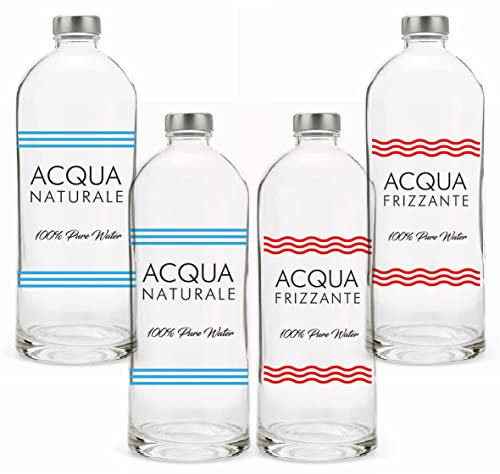 BrandPrint - Set di 4 Bottiglie in Vetro Modello Ninfea 1000 mL con Tappo a Vite in Alluminio (2 Naturali e 2 Frizzanti)