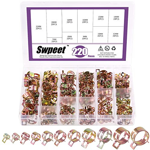Swpeet 220Pcs 11 Sizes 7-22mm Spring Band Type Action Hose Clamps Pipe Clamp Assortment Kit, Silicone Vacuum Hose Action Pipe Clamp Low Pressure Air Clip Clamp for Hose Clamps