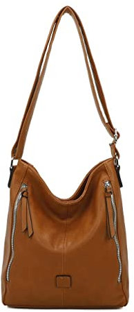 ITALYSHOP24 OBC DAMEN TASCHE Umhängetasche Schultertasche Shopper Crossbody Henkeltasche CrossOver Kunstleder Beuteltasche Handtasche Hobo Bag Reise Cognac