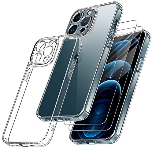 Qasyfanc Kompatibel mit iPhone 12 Pro Max Hülle mit Kameraschutz mit 2 Stück Schutzfolie, Nie Vergilbung Transparent Handyhülle Harte PC Rückseite Militärschutz Kratzfest Fallschutz Schutzhülle, Klar