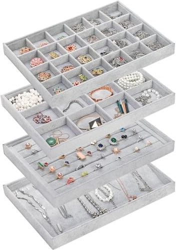 Elsjoy Set of 4 Velvet Jewelry Tray, Large Jewelry Organizer Tray Gray Jewelry Storage Display Tray, Stackable Drawer Insert Jewelry Trays for Earring, Necklace, Bracelet, Ring
