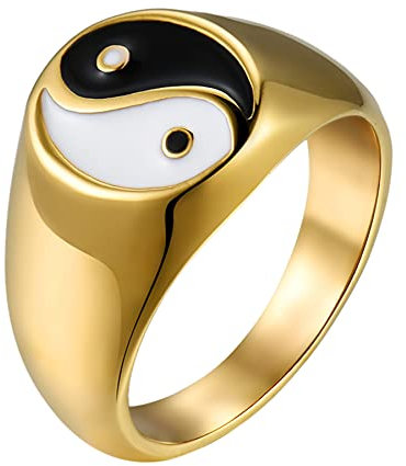 Flongo Siegelring mit Friedenzeichen Edelstahl Siegel Ring Vintage Frieden Ringe Peace 60er 70er Jahren Hippie Accessoire Knöchelringe stapelbar Fingerringe Bandring für Damen Herren Gold
