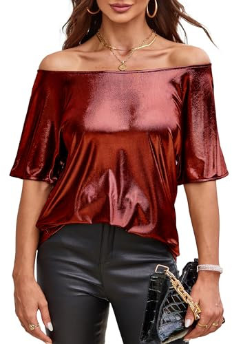 VIDUSSA Glitzer Tops für Damen - Bluse Schulterfrei Kurzarm Elegant Party Oberteil Rot XX_Large