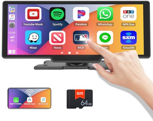 10.26 Inch Portable Car Stereo Wireless Apple Carplay Android Auto Bluetooth Car Play Screen with FM Voice Control Google Assistant 64G TF Card AUX/AV IN/USB Split Screen Function