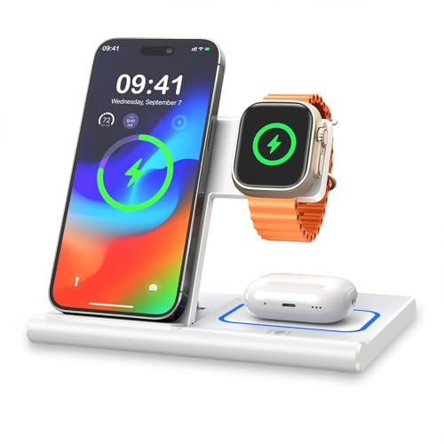 EXW 3 in 1 Induktive Ladestation,Wireless Charger für Apple Watch, Apple Ladestation Kompatibel mit iPhone 16 15 14 13 12 11 Pro & Max Serie, AirPods Pro/3/2, Apple Watch (Weiß)