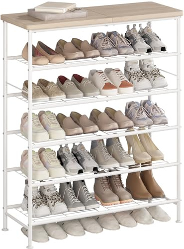 SUOERNUO Schuhregal, Organizer, 6 Etagen, für Schrank, Eingang, freistehend, Metallaufbewahrung, Schuhregal mit MDF-Platte, Weiß + Eiche