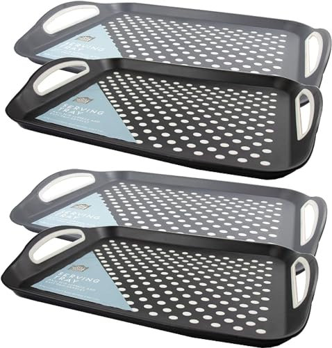 SKYTE® 4 x Anti-Slip Plastic Party New Drinks Serving Kitchen Trays High Grip Rubber Handles Surface, Food Tray Rectangular Top and Bottom Non Slip Tray Plastic, Trays for Eating Dinner Multipurpose