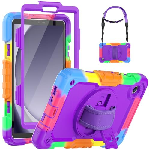 SEYMCY Kids Case for Samsung Galaxy Tab A9 8.7 inch 2023, Full Body Shockproof with Screen Protector, 360° Rotating Hand Strap & Stand, Shoulder Strap for Samsung A9 Tablet Case, Purple