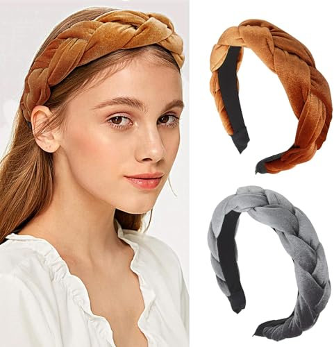 MisFun 2 Pièces Serre Tête Tressé en Velours, Bandeau Cheveux Vintage pour Femme, Épais Rembourré pour Femmes et Filles (Gris, Brun)