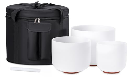 Sevenbowls Set of 3 PCS 6 A Note 8 F Note and 10 C Note Frosted Chakra Quartz Crystal singing bowl With Free Carry Case Bag, 432HZ