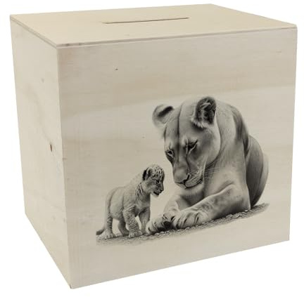 Liegende Löwin mit Babylöwe Spardose aus Holz Bezaubernde Raubkatze Jungtier Großkatze Säugetier Tierfamilie Baby Löwen Sparschwein