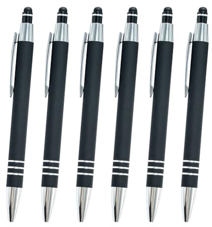 JIHUOO 6 Stück Kugelschreiber mit Eingabestift, einziehbare Kugelschreiber, Touchscreen-Schreibstifte, Metall-Touchscreen-Stifte mit feiner Spitze, schwarze Tinte, Schwarz