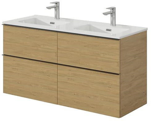 BERNSTEIN Badmöbel-Set Lavoa 120cm bestehend aus Doppel-Waschbecken und Unterschrank mit 4 Schubladen, Waschbeckenunterschrank in Eiche, Griff in Schwarz- 5 Jahre Garantie - Waschtisch in Weiß